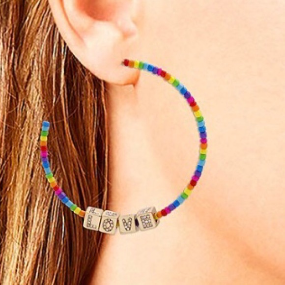 Betsey Johnson LOVE Rainbow Beaded Hoop Earrings - Picture 5 of 16